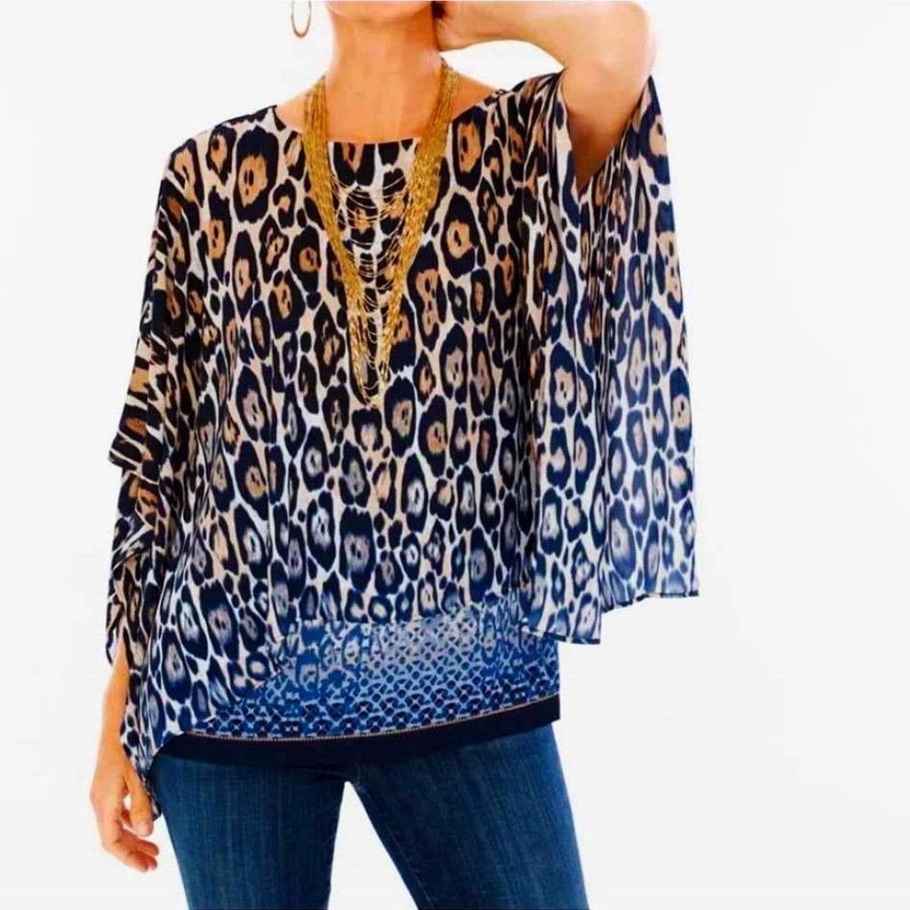 Top, Blouse. Blue, Tan, White, Animal Print. Chico's Brand. Size 0. - Picture 1 of 14